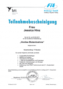 Teilnahmebescheinigung Fortbildung "Venöse Blutentnahme"